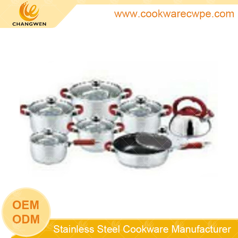 14pcs stainless steel cookware set frying pan pots and pans mirror polish glass lid whisting kettle manufacture CW51003-14Y03