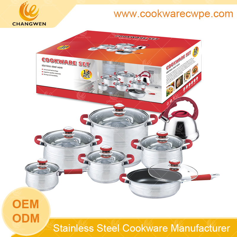 stainless steel cookware set glass lid silicone handle mirror polishing 7-stepped bottom China manufacture  CW51012-14Y01